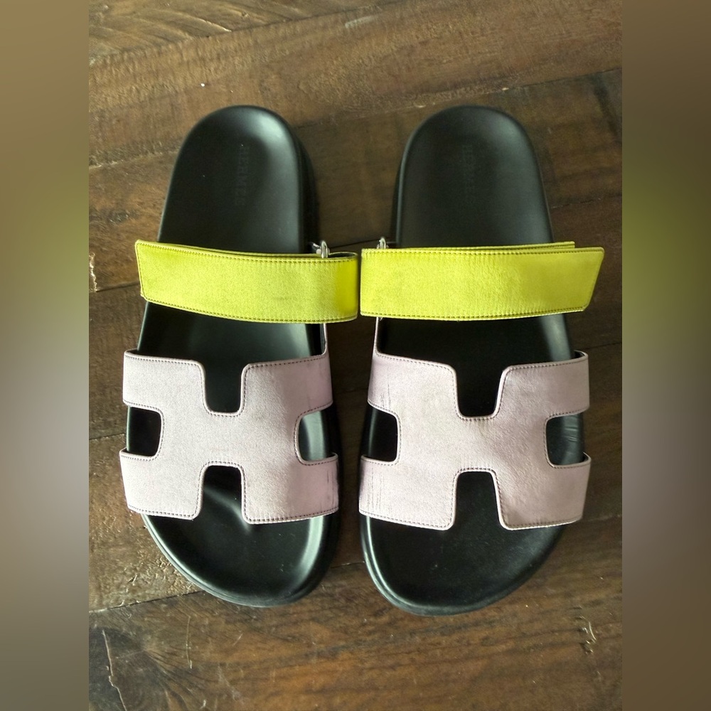 Hermes Chypre Silk Sandals Violet Petale/Vert Lime Size 38